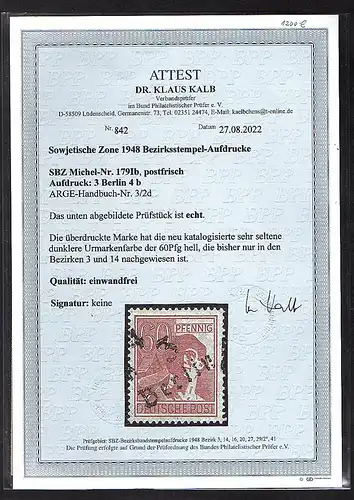 SBZ- H-St.-Aufdrucke Mi.-Nr, 179 Ib postfrisch Aufdruck 3 Berlin4b FA. KalbBPP