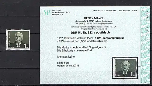 DDR. Mi.-Nr. 622 a postfrisch, Befund Mayer.