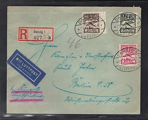 Danzig, R-Fern-Luftpost-Brief mit Mi.-Nr. 203-205
