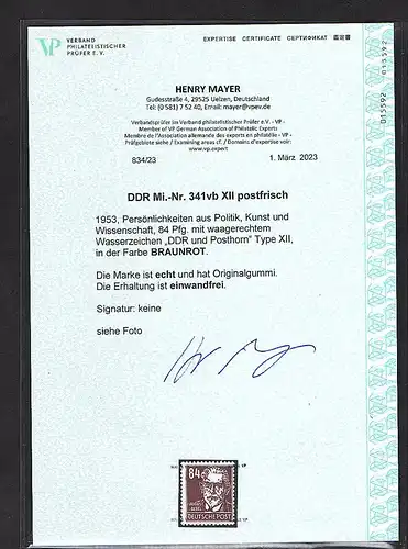 DDR 1953,  Mi.-Nr. 341 vb XII, postfrisch, FA. Mayer