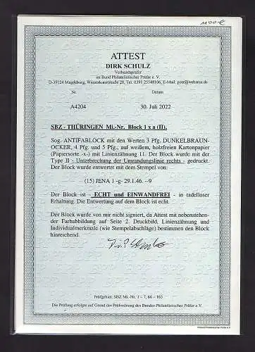 SBZ. Thüringen Mi-Nr. Block 1 Xa, gest. FA. SchulzBPP.