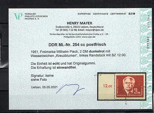 SBZ- DDR., Mi.-Nr. 254 cc,postfrisch linkes Randstück, Befund Mayer