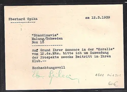 DR. EF. Mi.-Nr. 681 auf  Auslandkarte nach Schweden.