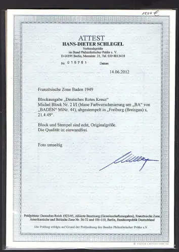 Französische Zone Baden  Mi.-Nr. Block 2 I/I gest., FA.Schlegel