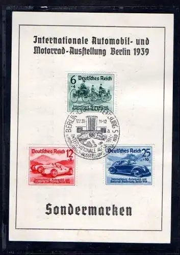 DR. Inter. Automobil und Motorradausstellung Berlin1939 mit Mi.-Nr. 686-688, FDC