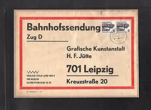 DDR. Me.F. Bund Mi.-Nr. 1407 auf Bahnhofssendung, VGO.-Tarif.