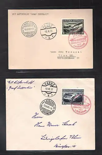  Zeppelin-Brief, Liechtenstein 1931 Fahrt Vaduz-Lausanne 1 + 2 Sfr Si. 110 A + B