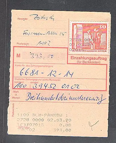 DDR. EF. Mi.-Nr. 1899 auf Einzahlungsauftrag.