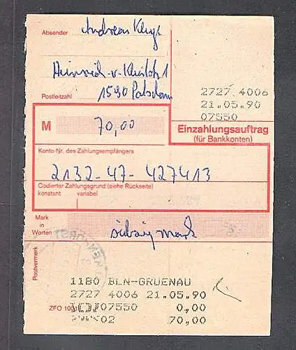 DDR. EF. Mi.-Nr. 3310 auf Einzahlungsauftrag.