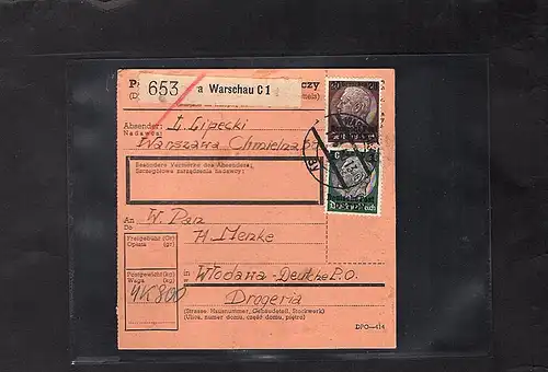 GG. Deutsche Post Osten Paketkarte mit Mi.-Nr. 5 + 12