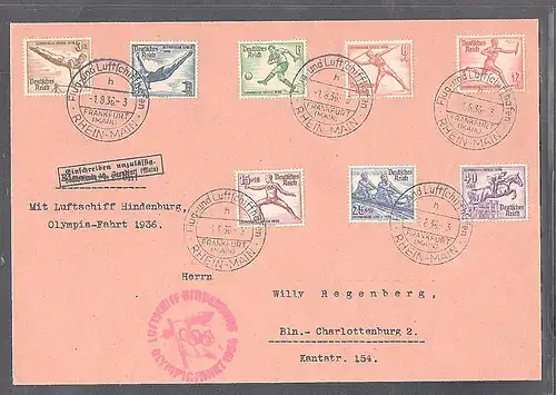 Zeppelin-Brief, Olympiafahrt 1936 Si. 427 Ba,  mit DR. Mi.-Nr. 609-616