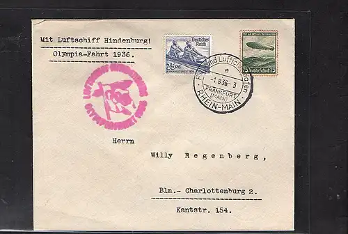 Zeppelin-Brief, Olympiafahrt  1936 mit Mi.F. Mi.-Nr. 607 + 615