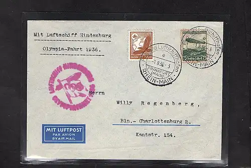 Zeppelin-Brief, Olympiafahrt  1936 mit Mi.F. Mi.-Nr. 607 + 533