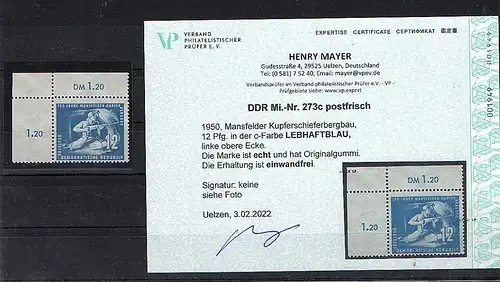 DDR. Mi.-Nr. 273 c vom linke Oberrand, postfrisch, Befund Mayer.