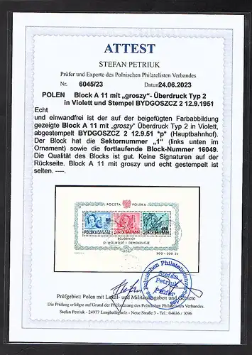 Polen Block  A 11 mit  "groszy" Überdruck  gestempelt, FA. Petruk.