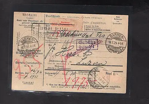 DR., Ausland-Paketkarte mit Gebühr bezahlt aus Barmen.-Wupperfeld/Selbstbucher