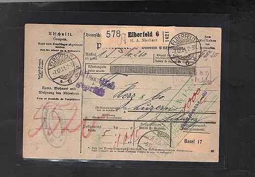 DR., Ausland-Paketkarte mit Gebühr bezahlt aus Elberfeld/Selbstbucher