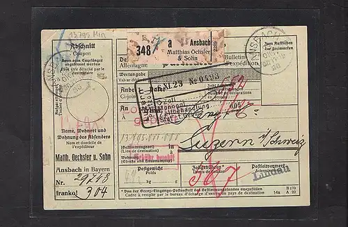 DR., Ausland-Paketkarte mit Gebühr bezahlt aus Ansbach/Selbstbucher