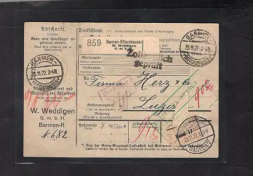 DR., Ausland-Paketkarte mit Gebühr bezahlt aus Barmen.-Ritterhausen/Selbstbucher