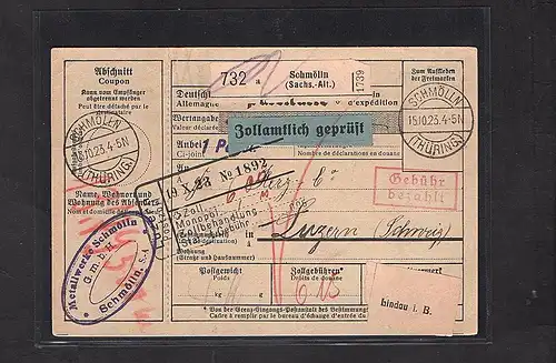 DR., Ausland-Paketkarte mit Gebühr bezahlt aus Schmölln/Selbstbucher