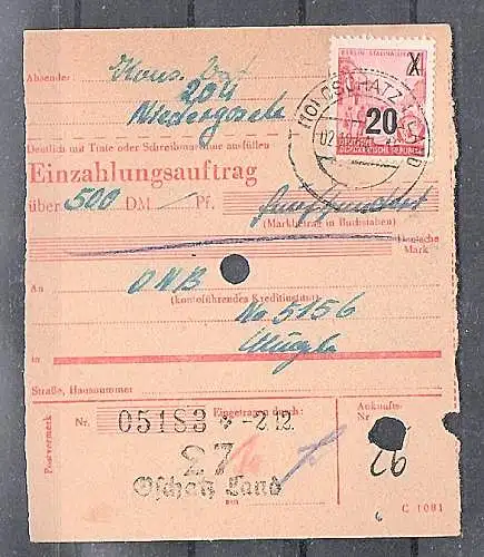 DDR. 1953 Mi.-Nr. 439 a II g XI, EF., auf Einzahlungsauftrag, FA. Mayer