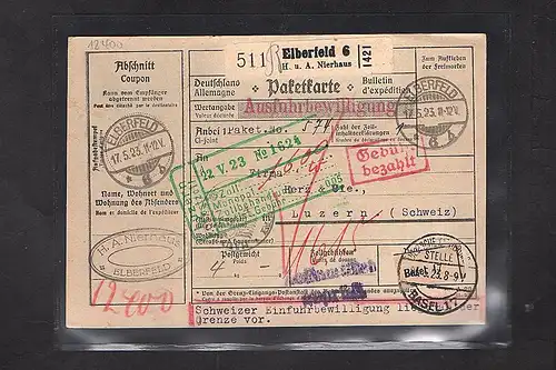 DR., Ausland-Paketkarte mit Gebühr bezahlt aus Elberfeld/Selbstbucher