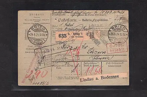 DR., Ausland-Paketkarte mit Gebühr bezahlt aus Brieg/Breslau