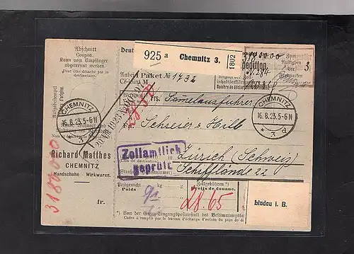 DR., Ausland-Paketkarte mit Gebühr bezahlt aus  Chemnitz/Selbstbucher