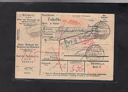 DR., Ausland-Paketkarte mit Gebühr bezahlt aus  Barmen/Selbstbucher