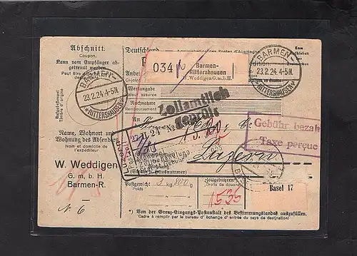 DR., Ausland-Paketkarte mit Gebühr bezahlt aus  Barmen/Selbstbucher