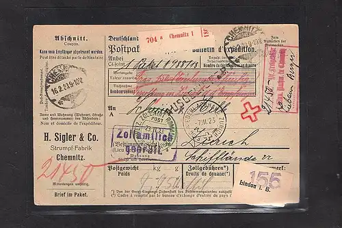 DR., Ausland-Paketkarte mit Gebühr bezahlt aus  Chemnitz/Selbstbucher