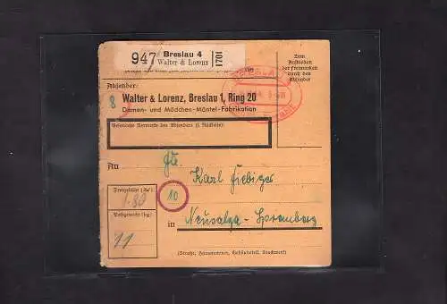 DR., Paketkarte mit Gebühr bezahlt aus Breslau/Selbstbucher.