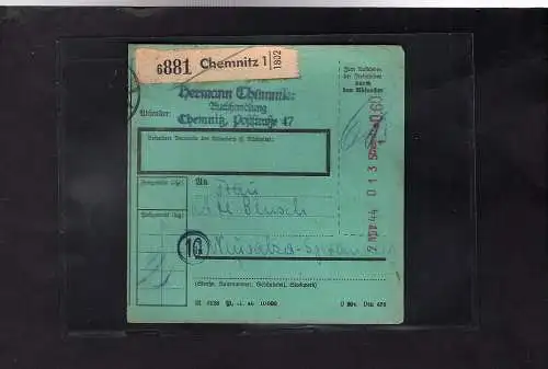 DR., Paketkarte aus Chemnitz Nov. 1944
