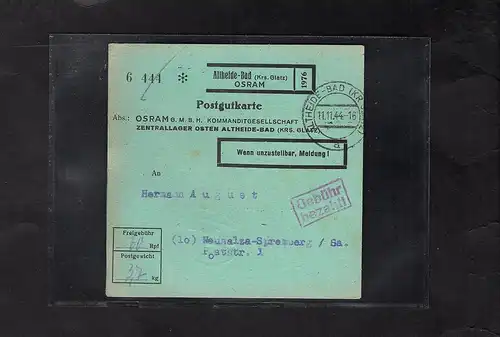 DR., Paketkarte mit Gebühr bezahlt aus Altheide-Bad/Selbstbucher.