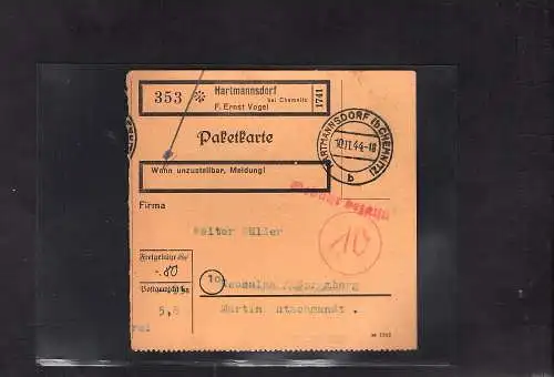 DR., Paketkarte mit Gebühr bezahlt aus  Hartmannsdorf/Selbstbucher.