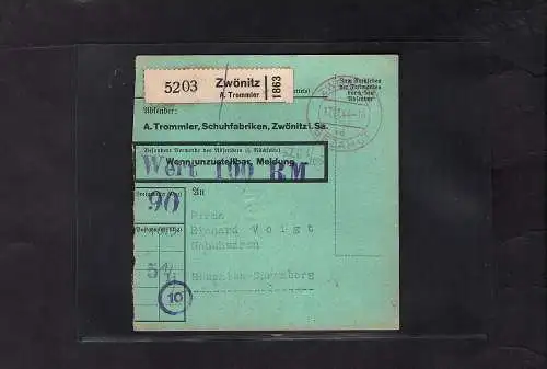 DR., Wert-Paketkarte mit Gebühr bezahlt aus  Zwönitz/Selbstbucher.
