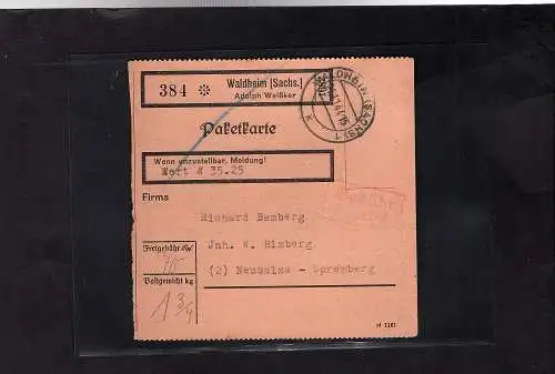 DR., Wert-Paketkarte mit Gebühr bezahlt aus  Waldheim/Selbstbucher.
