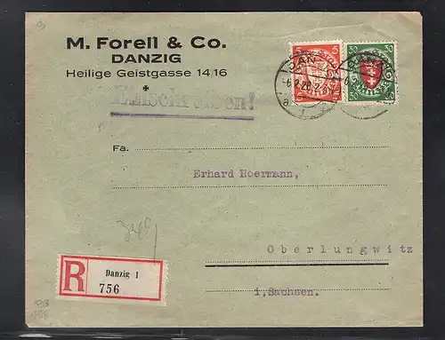 Danzig, Firmen-R-Fernbrief mit Mi.-Nr. 193 + 198 mit Ak-St.