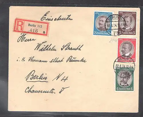 DR. FDC. Mi.-Nr. 540-543 gelaufen als R-Ortsbrief, FA. SchlegelBPP.