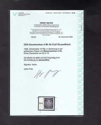 DDR. Dienstmarken Mi.-Nr. D 31 yII XII  mir Seitenrand postfrisch, FA. Mayer
