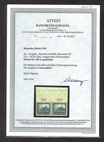 DR., Mi.-Nr.452 b  waagerechte OR. postfrisch,  FA.SchlegelBPP