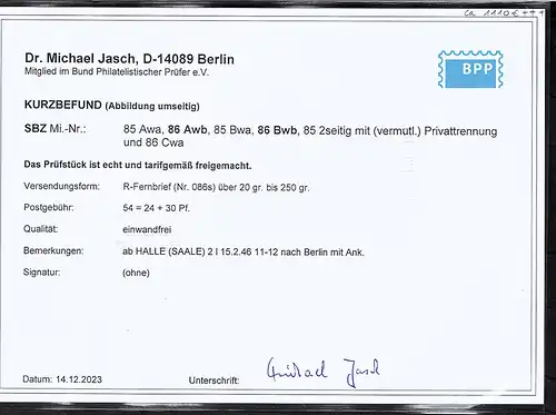 SBZ. - Prov. Sachsen R-Fernbrief mit Mi.-Nr. 86 Awb + 86 Bwb u.a. Befund  Jasch