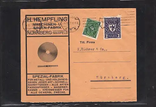 DR. Reklamebrief  Maschinen- und Sägen-Fabrik H. Hempling, Nürnberg.