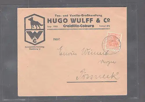 DR. Reklamebrief  Tee- und Vanillie- Großhandlung Hugo Wulff, Creidlitz-Coburg.