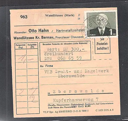 DDR. EF. Mi.-Nr. 622 auf  Wert-Paketkarte.