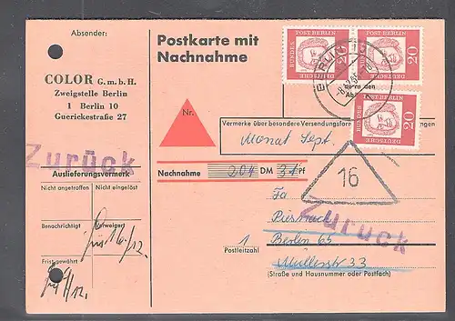 Berlin, MeF. Mi.-Nr. 204  auf  Nachnahme-Postkarte.