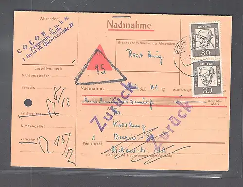 Berlin, MeF. Mi.-Nr. 206 auf  Nachnahme-Postkarte.
