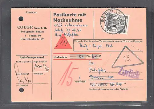 Berlin, EF. Mi.-Nr. 281 auf  Nachnahme-Postkarte.