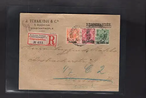 Deutsche Post in der Türkei, R-Brief  von Constantinopel mit 3 Farben-Frankatur.