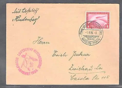 Zeppelin-Brief Olympiadefahrt 1936  mit EF. Mi.-Nr. 455